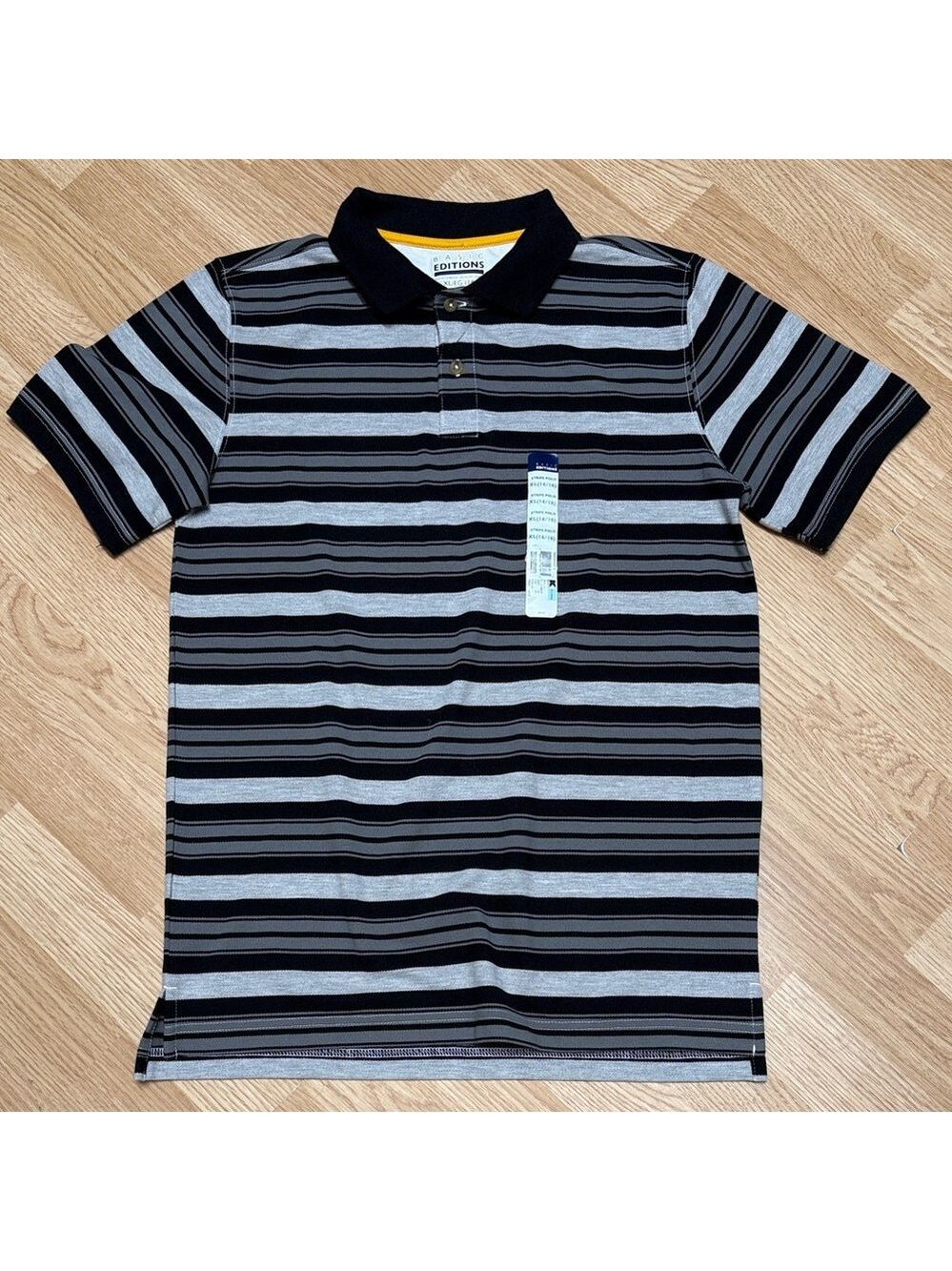 Basic Editions Boys XL 14/16 Black Gray Striped Short Sleeve Polo Shirt NWT